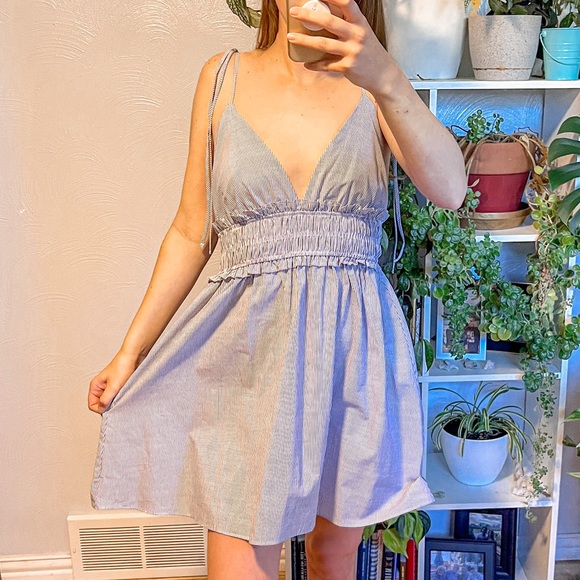 Zara Dresses & Skirts - NWT Zara Babydoll Dress Mini Pinstripe Tie Strap Plunging V-Neckline Smocked